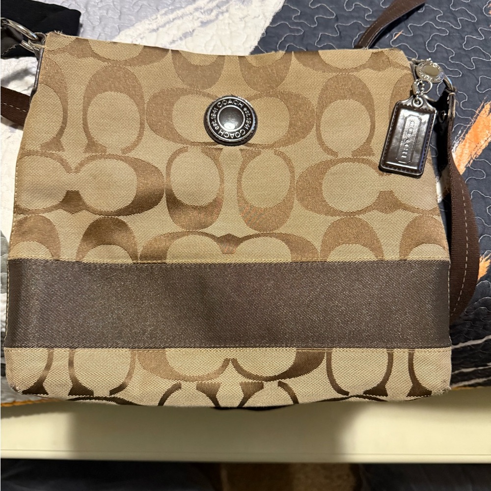 Coach Signature Brown and Tan Shoulder Bag